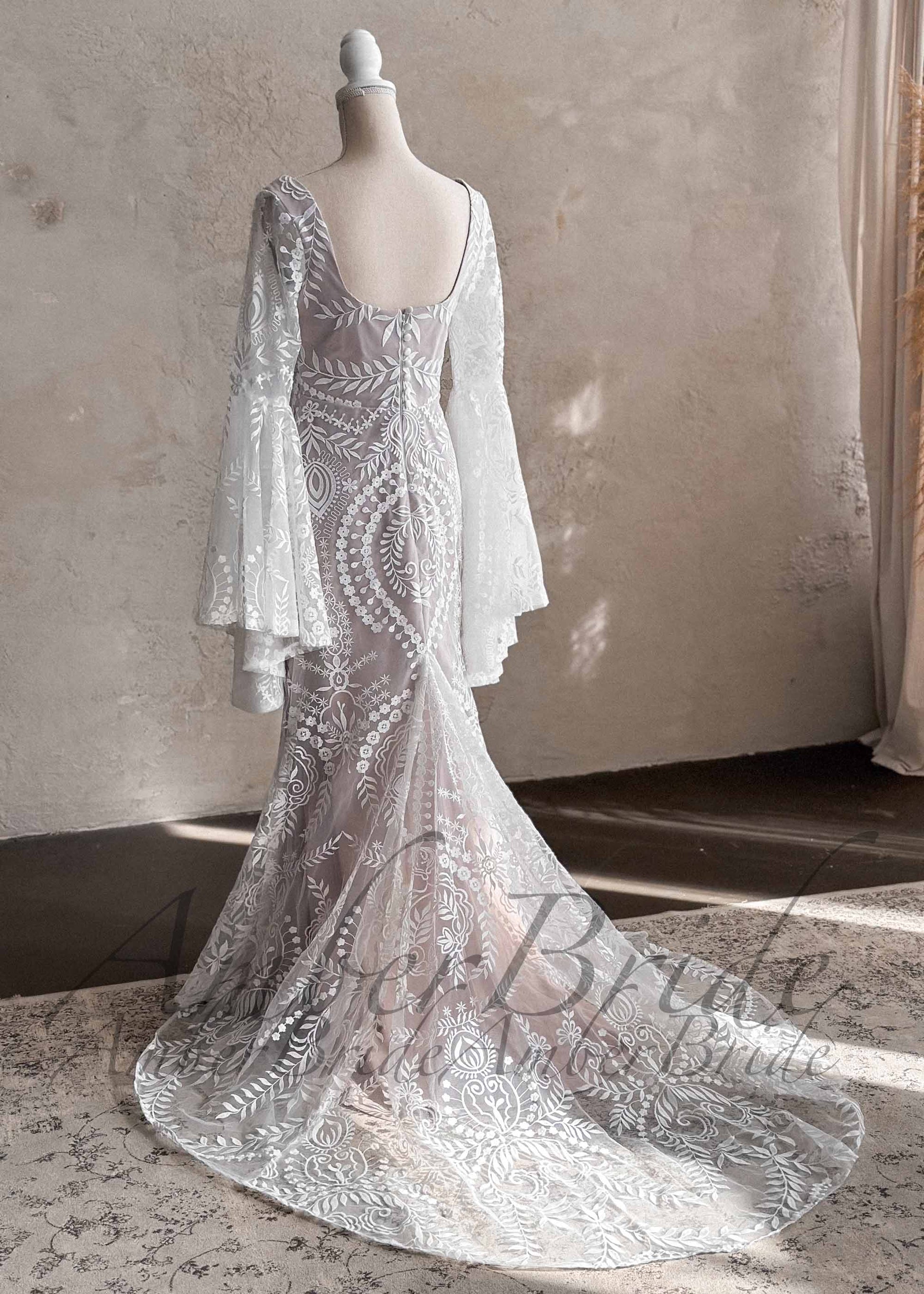 Boho Mermaid Wedding Dress with Bell Sleeves | AmberBride Boho Mermaid Wedding Dress with Bell Sleeves | AmberBride