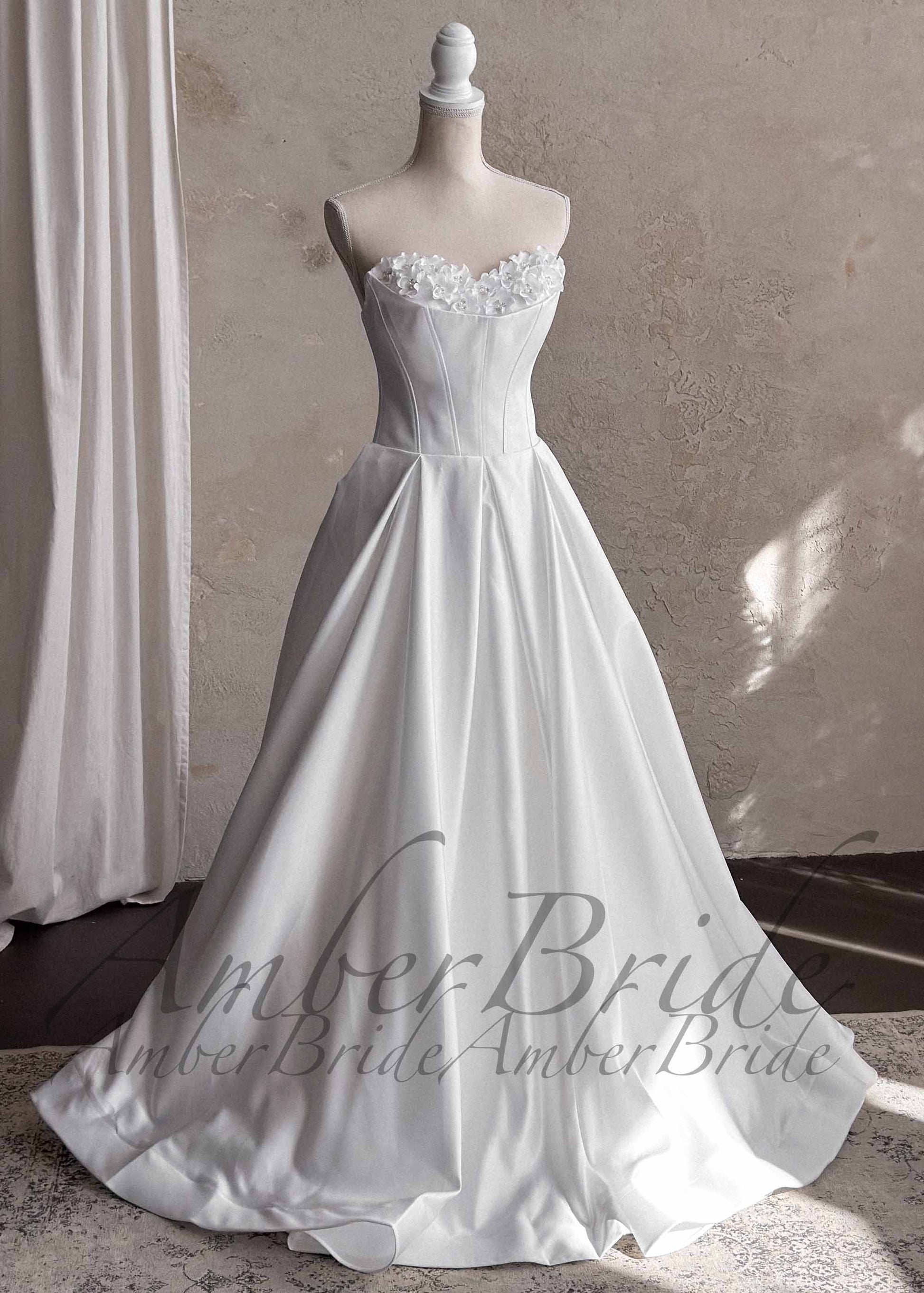 Strapless Satin A-Line Wedding Dress with 3D Florals | AmberBride Strapless Satin A-Line Wedding Dress with 3D Florals | AmberBride