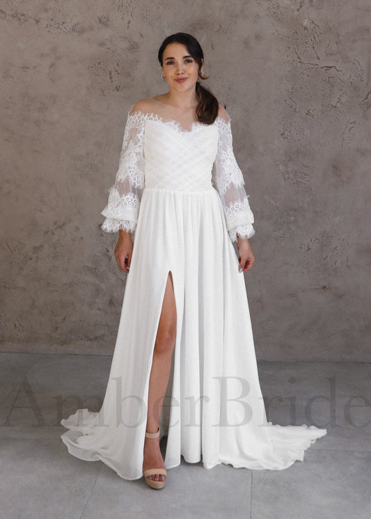 Boho Chiffon Wedding Dress with Long Puffy Sleeves and Flower Lace Appliques