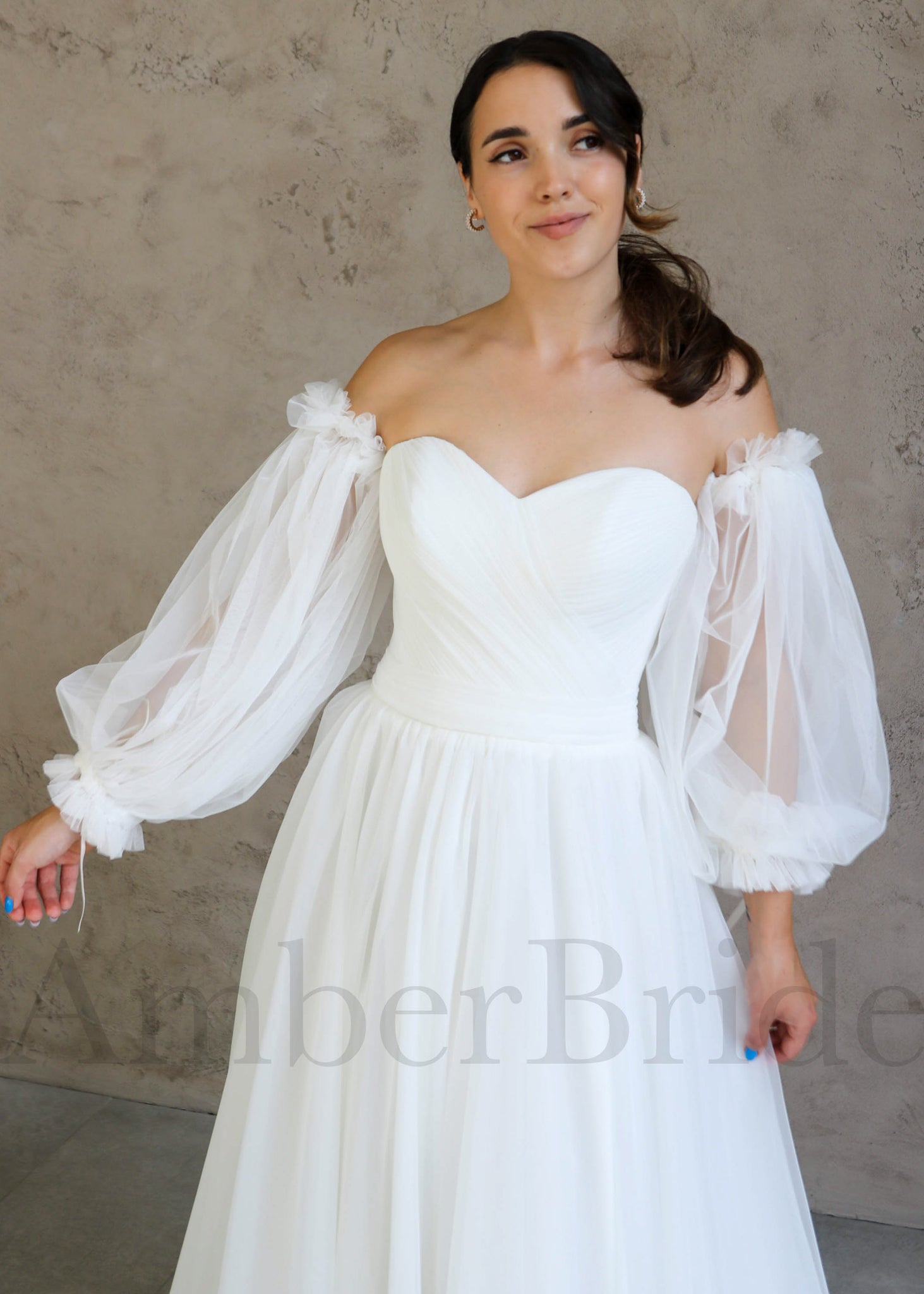 Boho A Line Tulle Wedding Dress with Corset and Long Puffy Sleeves