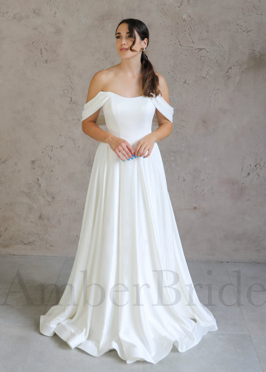 Simple A Line Satin Wedding Dress with Corset and Off Shoulder Design