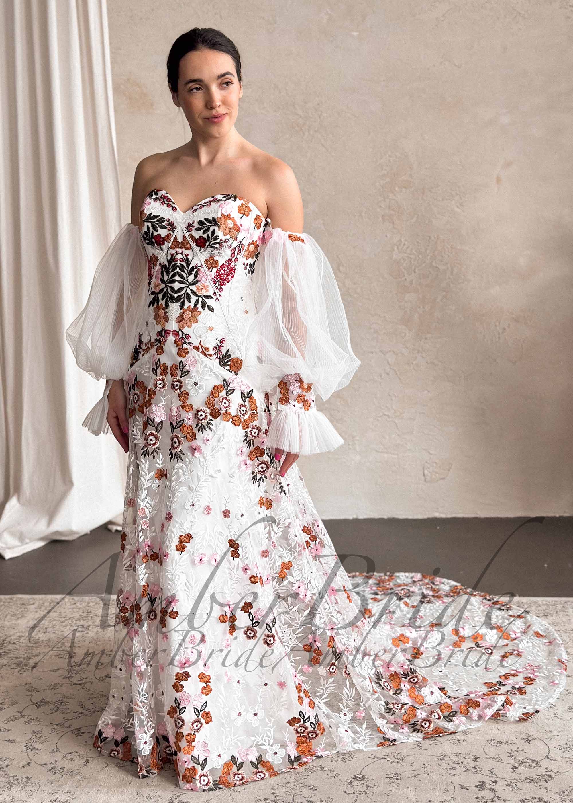 Boho Strapless Wedding Dress with Colorful Floral Embroidery and Detachable Puffy Sleeves