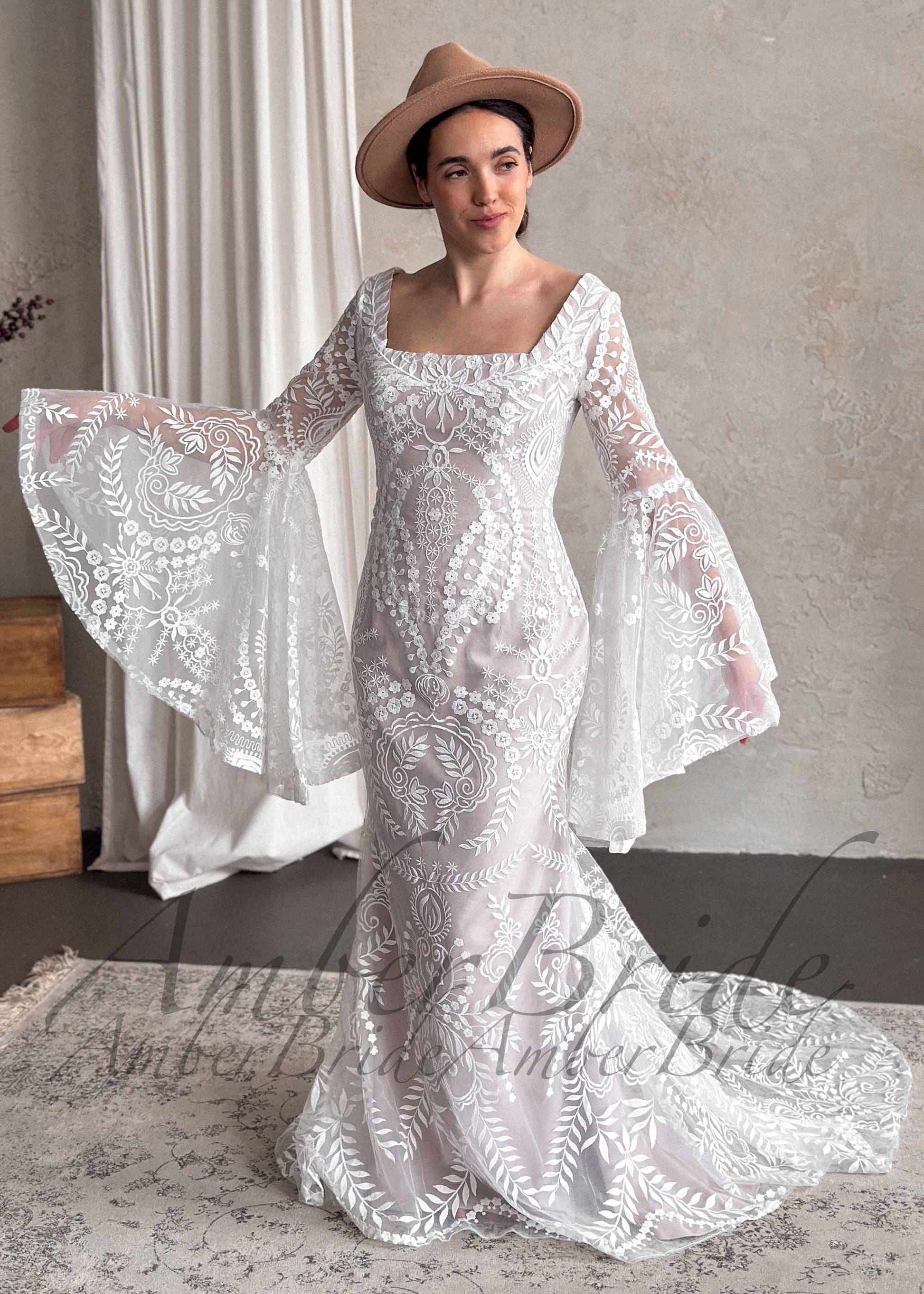 Boho Mermaid Wedding Dress with Bell Sleeves and Square Neck