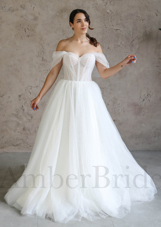 Glittery A-Line Wedding Dress with Off-Shoulder Sweetheart Neckline and Artificial Pearls