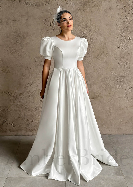 Classic A-Line Satin Wedding Dress with Puffy Half Sleeves and Corset