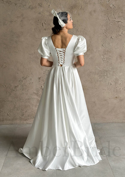 Classic A-Line Satin Wedding Dress with Puffy Half Sleeves and Corset
