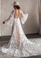 Boho Wedding Dress with Embroidered Flowers and Cape Sleeves