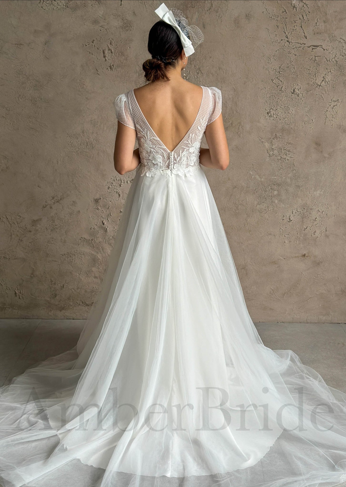 Boho A-Line Tulle Wedding Dress with V-Neck and Floral-Polka Dot Design
