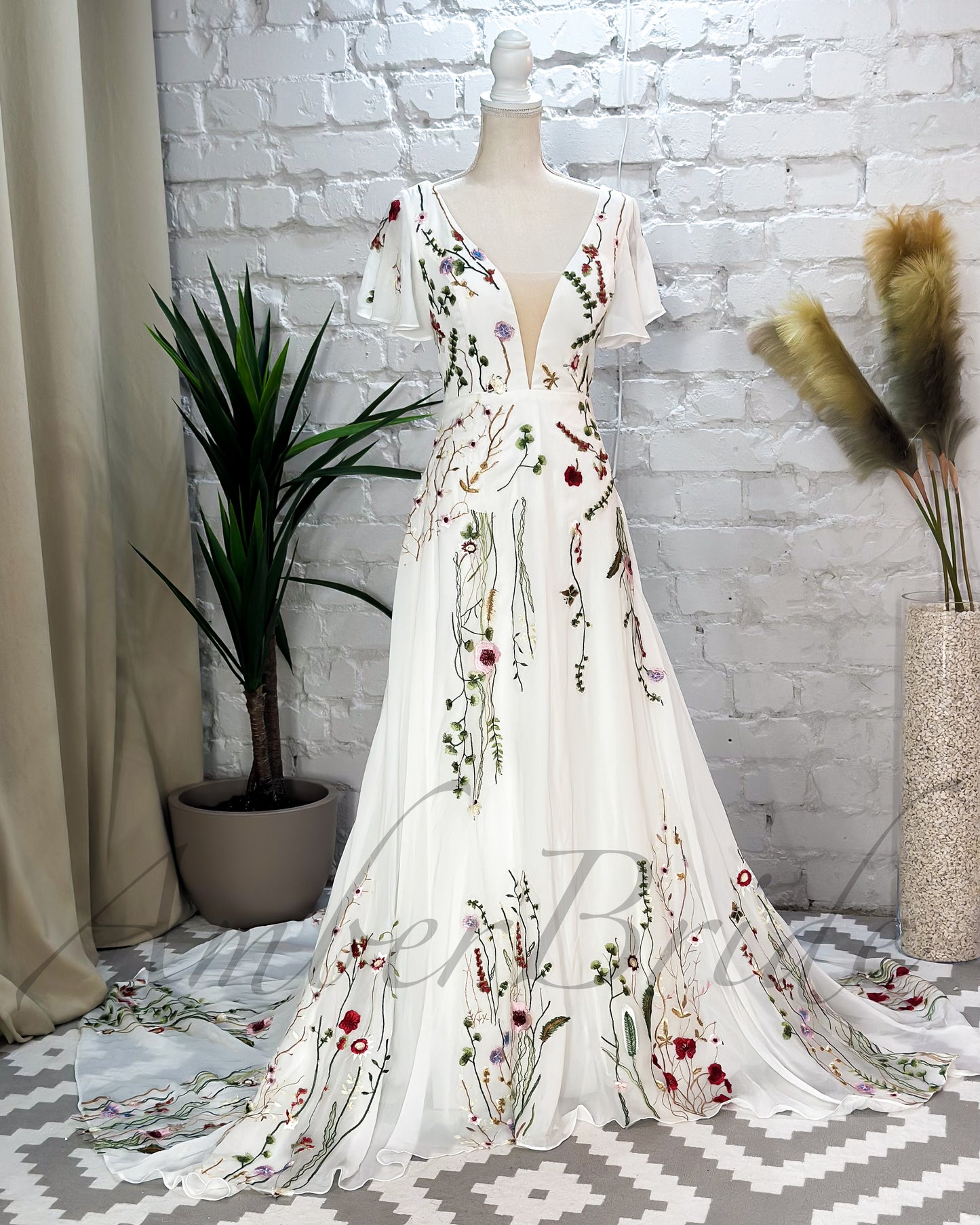 Floral A Line Wedding Dress with Flutter Sleeve and Open Back
