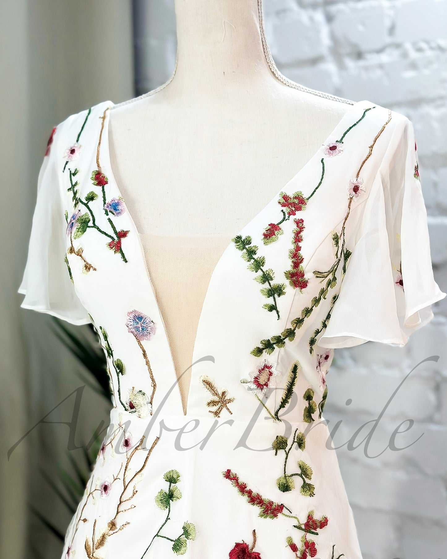 Floral A Line Wedding Dress with Flutter Sleeve and Open Back