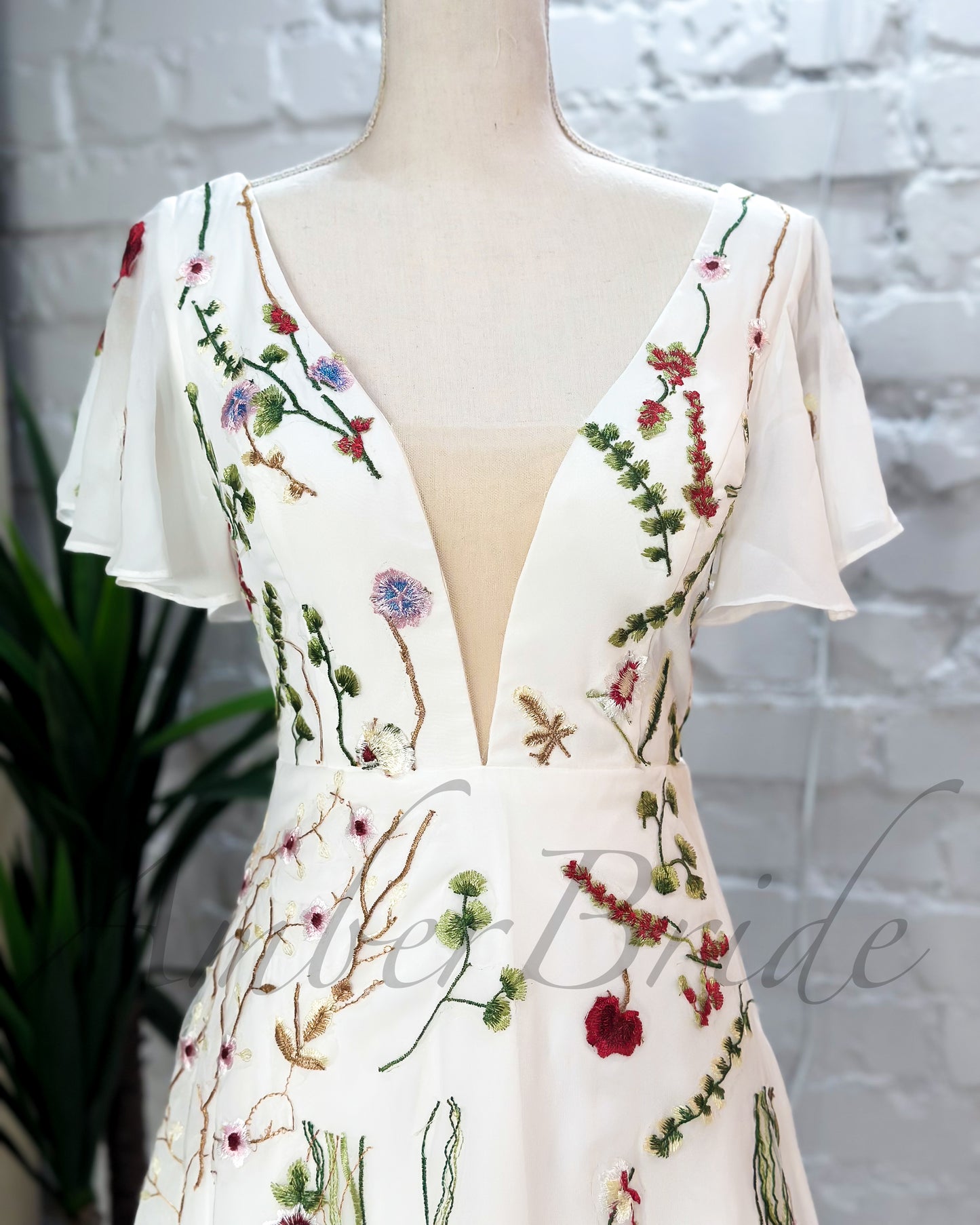 Floral A Line Wedding Dress with Flutter Sleeve and Open Back