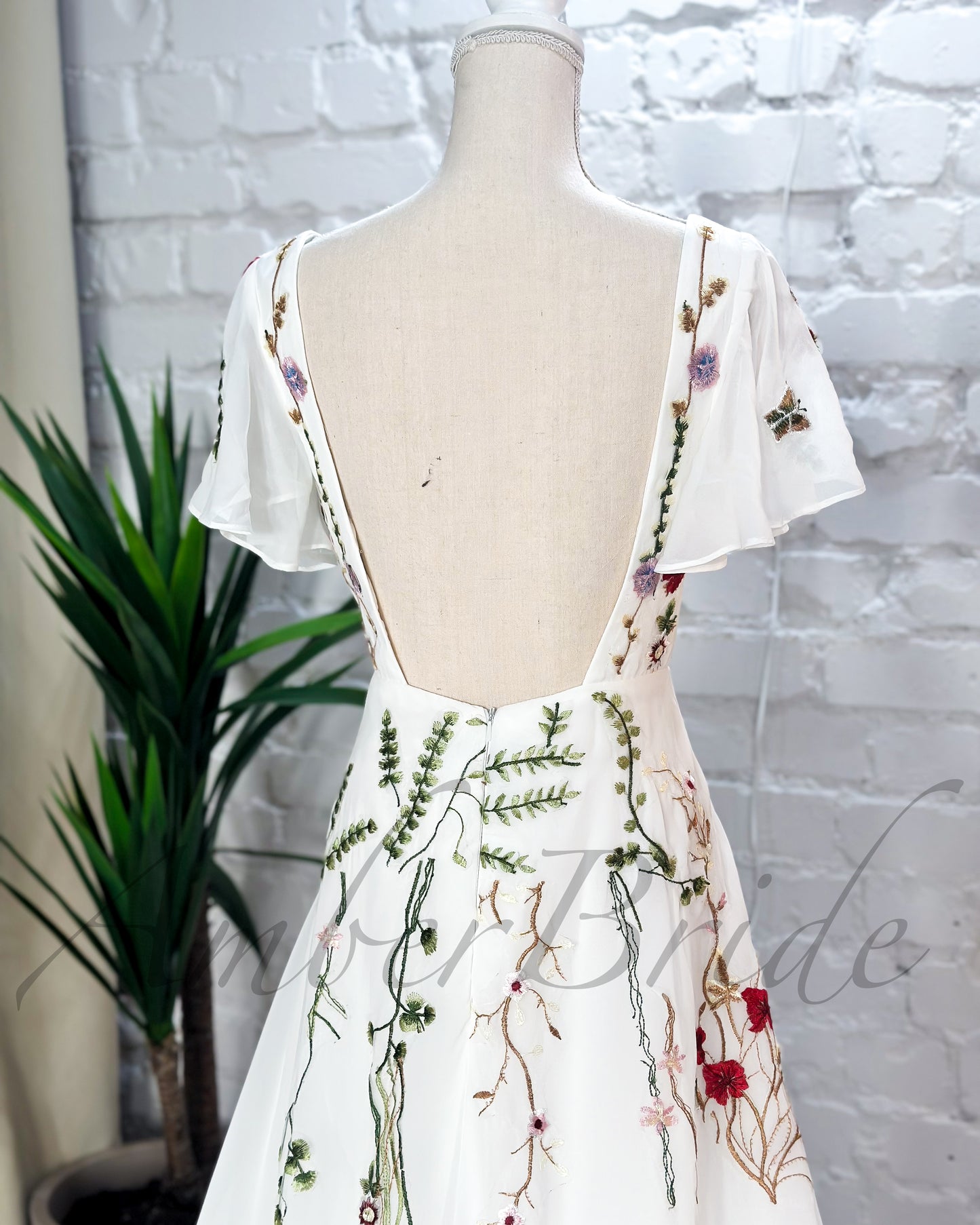 Floral A Line Wedding Dress with Flutter Sleeve and Open Back