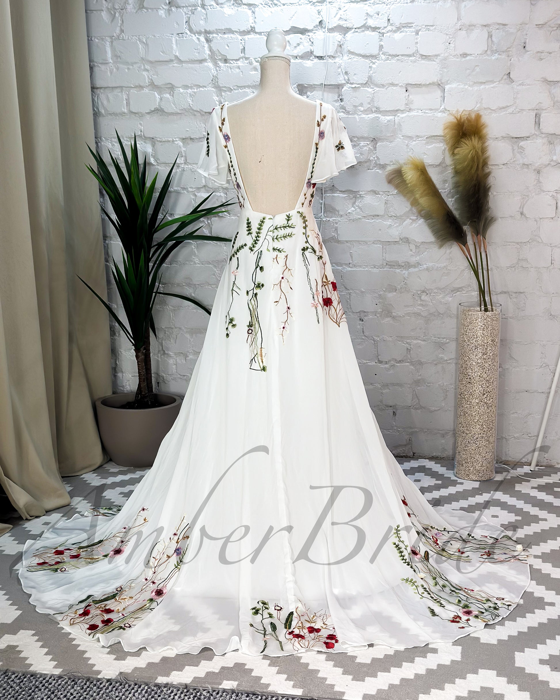 Floral A-Line Wedding Dress with Flutter Sleeves & Open Back