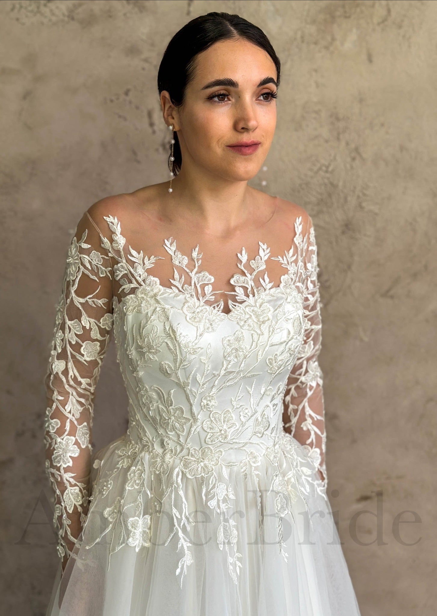 Rustic A-Line Wedding Dress with Floral Appliques and Illusion Design