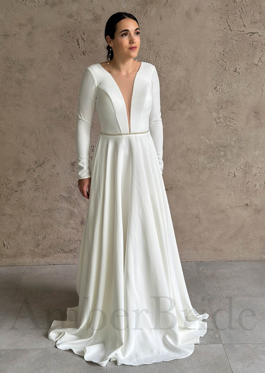 Elegant Satin A-Line Wedding Dress with Long Sleeves and Deep V-Neck