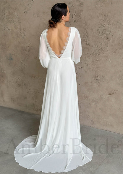 Simple Chiffon Backless Wedding Dress with Sheer Long Sleeves