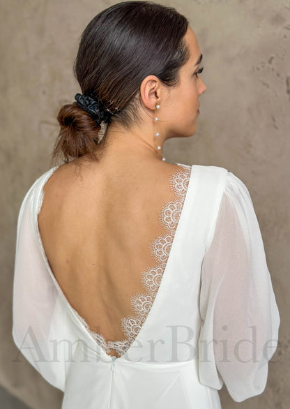 Simple Chiffon Backless Wedding Dress with Sheer Long Sleeves
