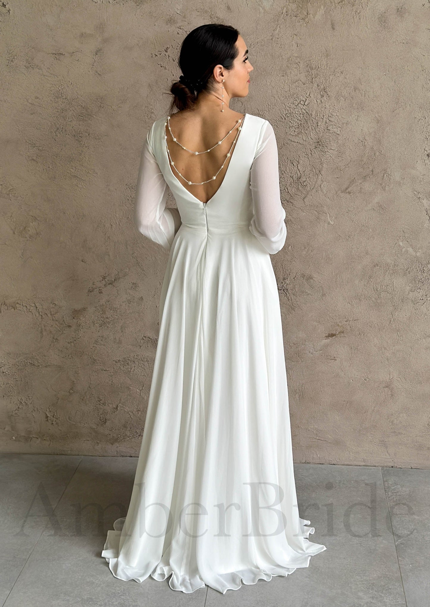 Elegant A Line Chiffon Wedding Dress with Boat Neck and Bishop Sleeves