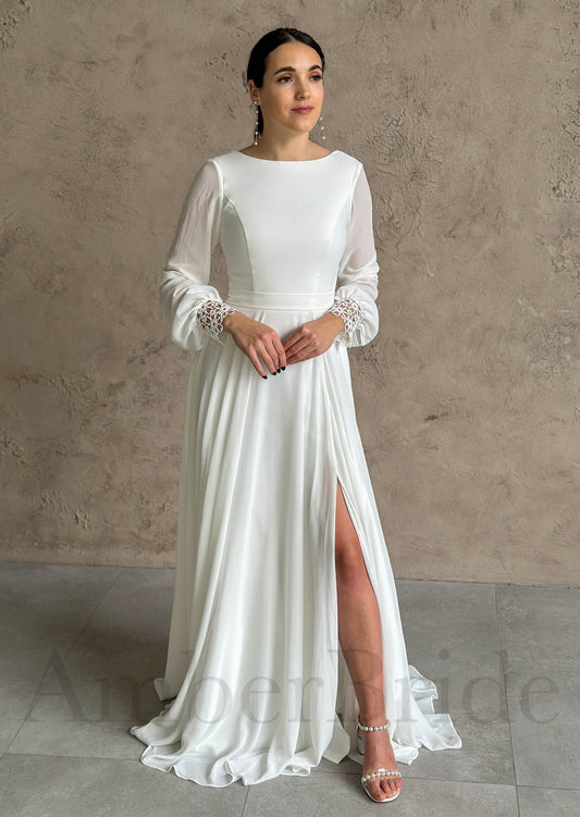 Elegant A Line Chiffon Wedding Dress with Boat Neck and Bishop Sleeves