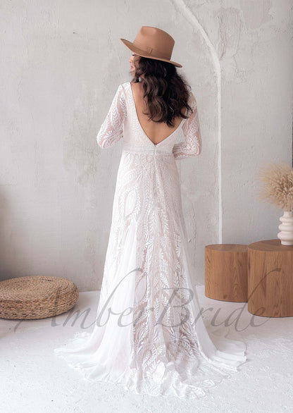 Boho A Line Lace Wedding Dress with Long Sleeve and Backless Design