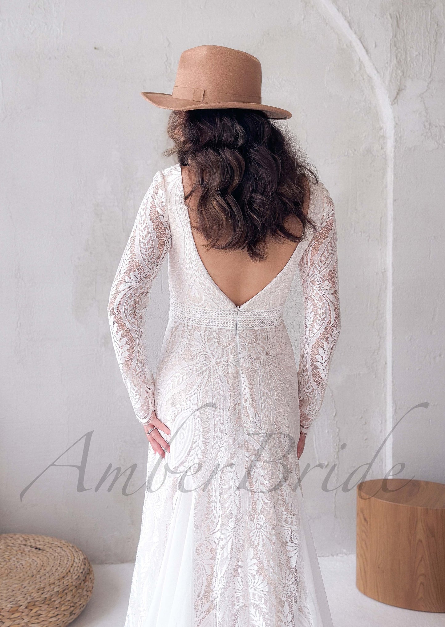 Boho A Line Lace Wedding Dress with Long Sleeve and Backless Design