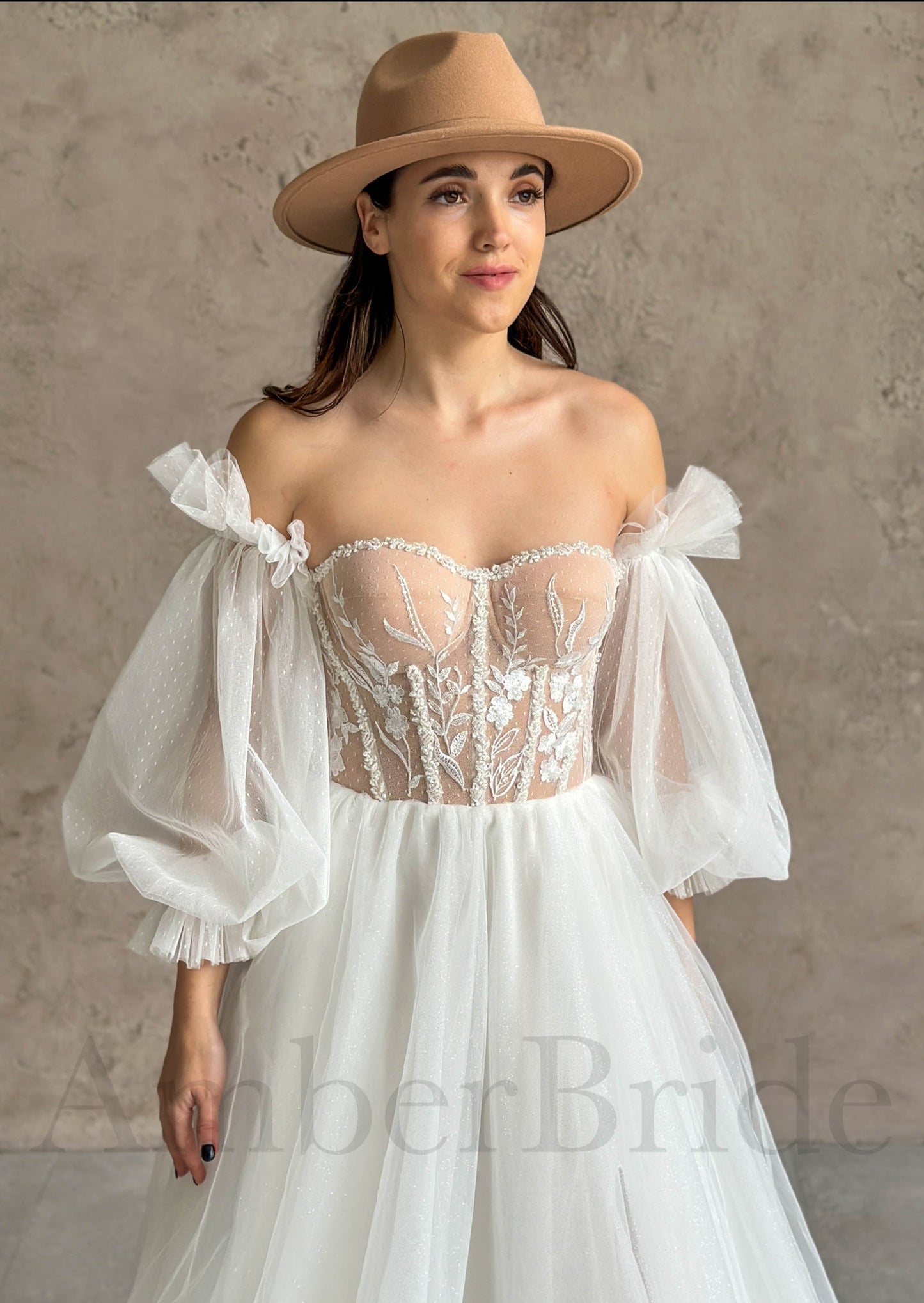 Rustic A Line Wedding Dress with Long Puffy Sleeves and Floral Accents