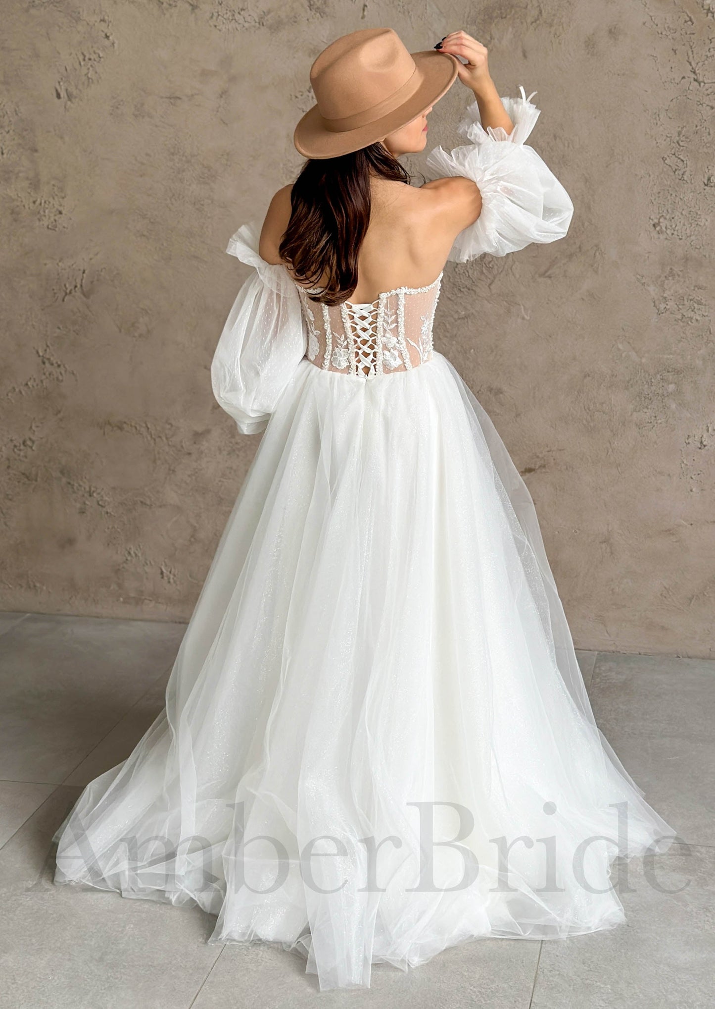 Rustic A Line Wedding Dress with Long Puffy Sleeves and Floral Accents