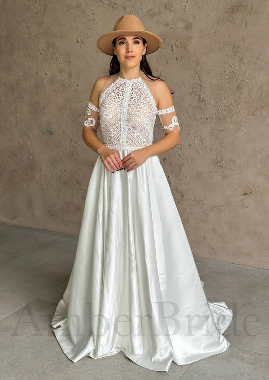 Boho A-Line High Neck Wedding Dress with Lace Top, Sleeveless Design, and Satin Skirt