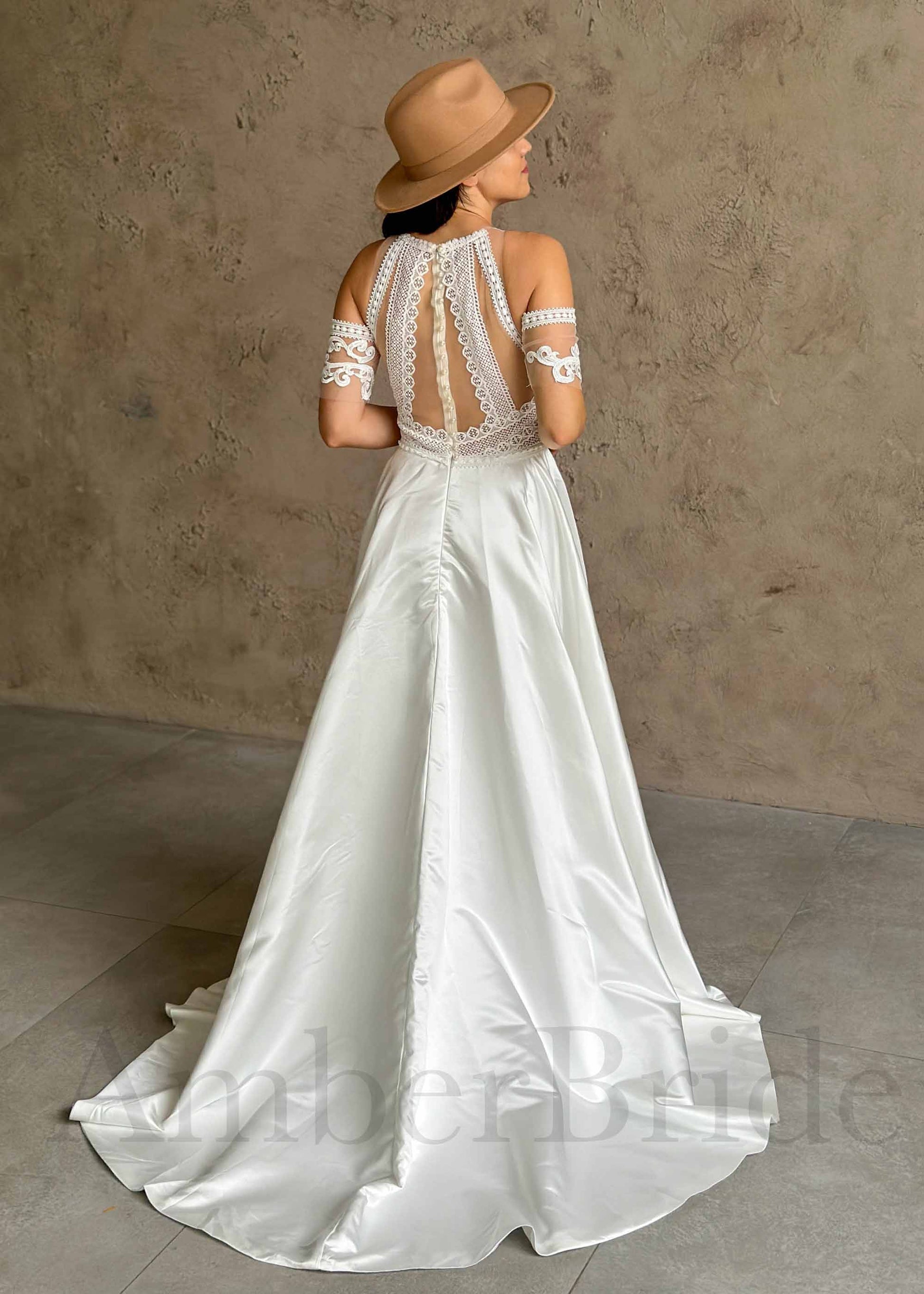 Boho High Neck Lace A-Line Wedding Dress | AmberBride Boho High Neck Lace A-Line Wedding Dress | AmberBride