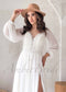Boho A Line Chiffon Wedding Dress with Long Puffy Sleeve and Floral Appliques