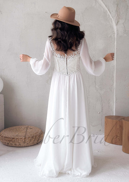 Boho A Line Chiffon Wedding Dress with Long Puffy Sleeve and Floral Appliques