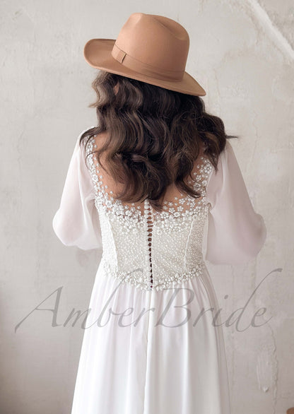 Boho A Line Chiffon Wedding Dress with Long Puffy Sleeve and Floral Appliques