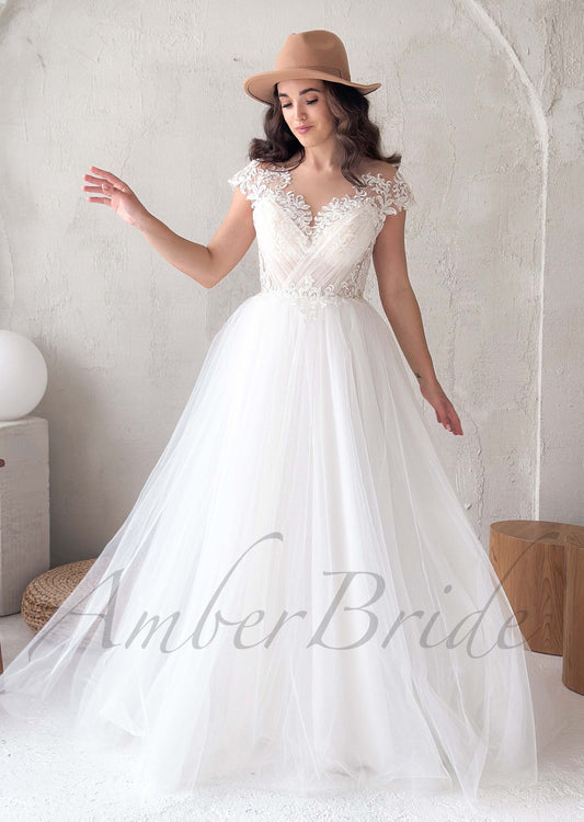 Boho A Line Tulle Wedding Dress with Illusion Design and Short Sleeve