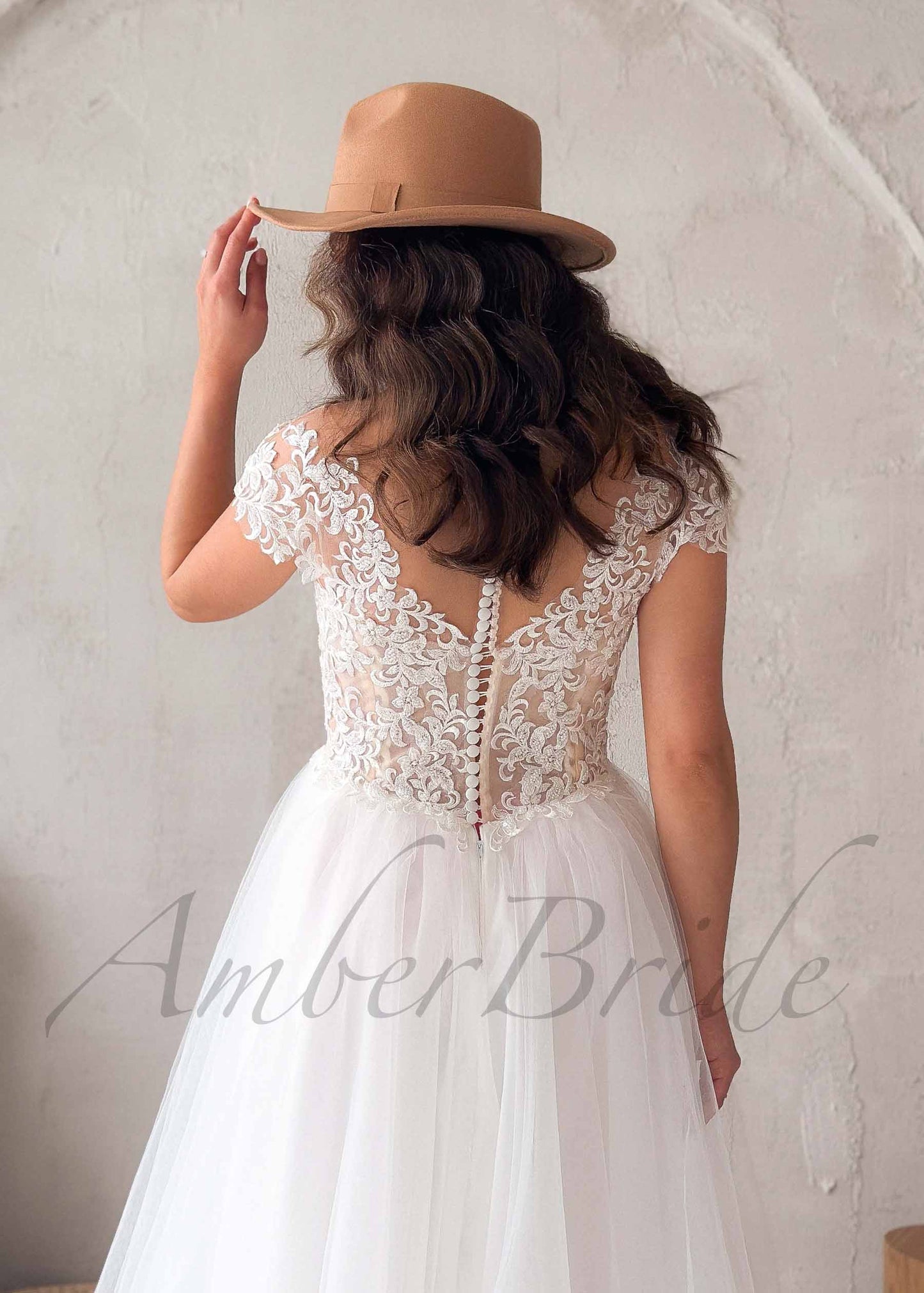 Bohemian Wedding Dress with Illusion Lace Back & Cap Sleeves