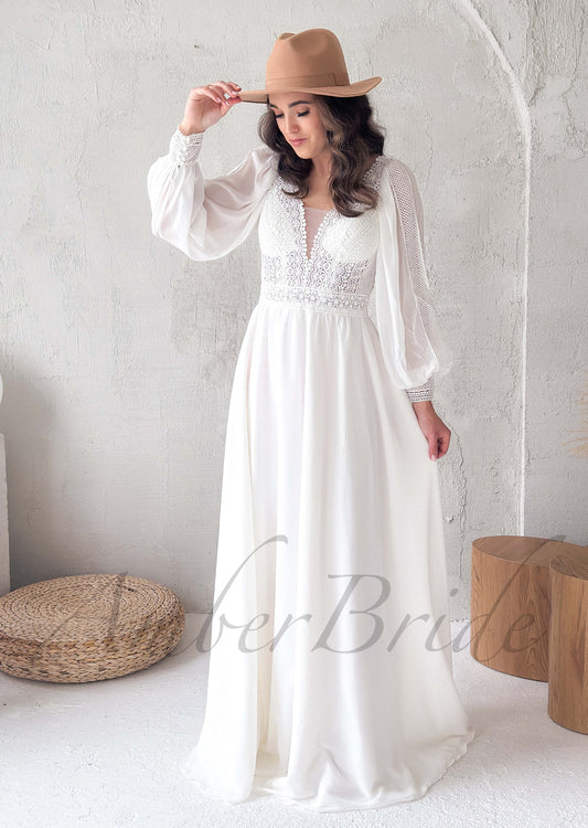Boho A Line Lace Wedding Dress with Flowy Chiffon Skirt and Long Puffy Sleeve