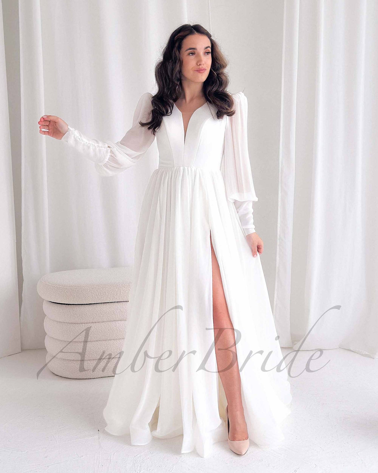 Minimalistic A Line Chiffon Wedding Dress with Long Puffy Sleeve and Deep V-Neck