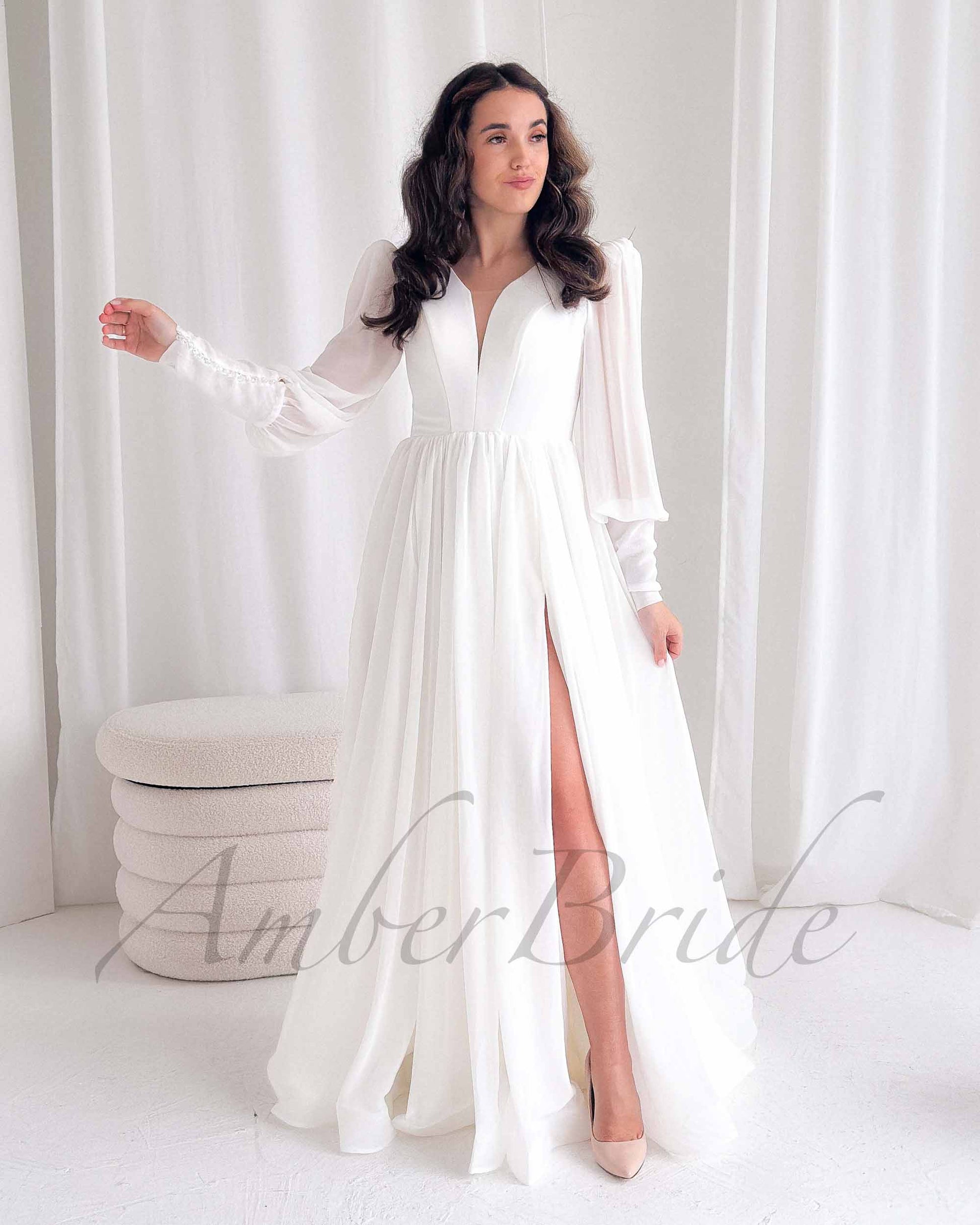 Minimalistic A Line Chiffon Wedding Dress with Long Puffy Sleeve and Deep V-Neck