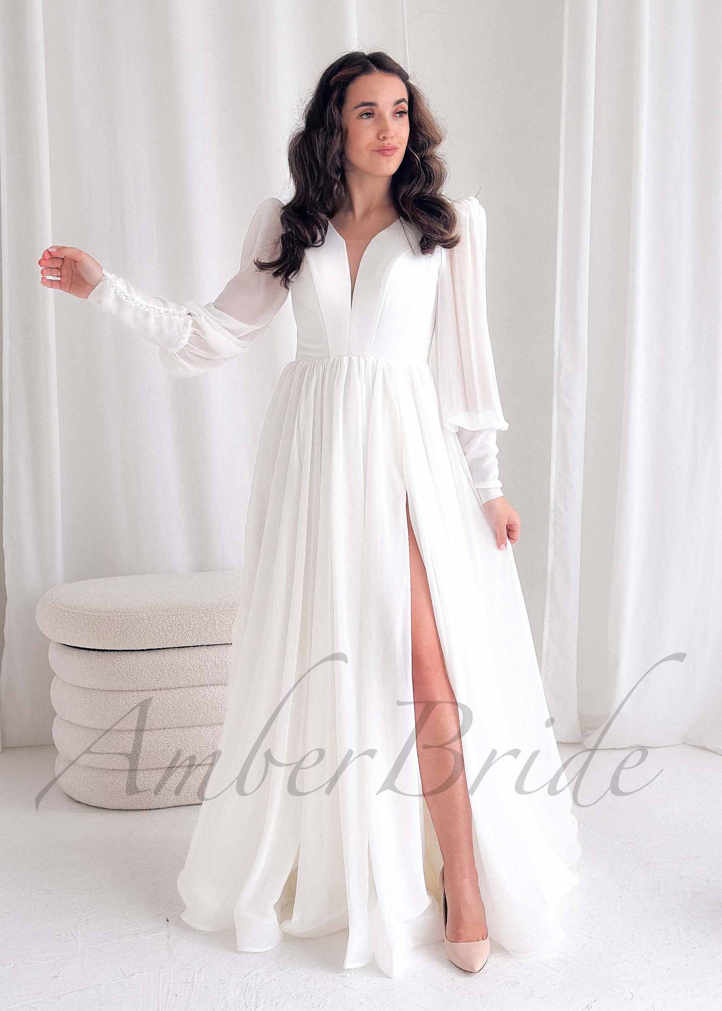 Minimalistic A Line Chiffon Wedding Dress with Long Puffy Sleeve and Deep V-Neck