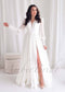 Minimalistic A Line Chiffon Wedding Dress with Long Puffy Sleeve and Deep V-Neck