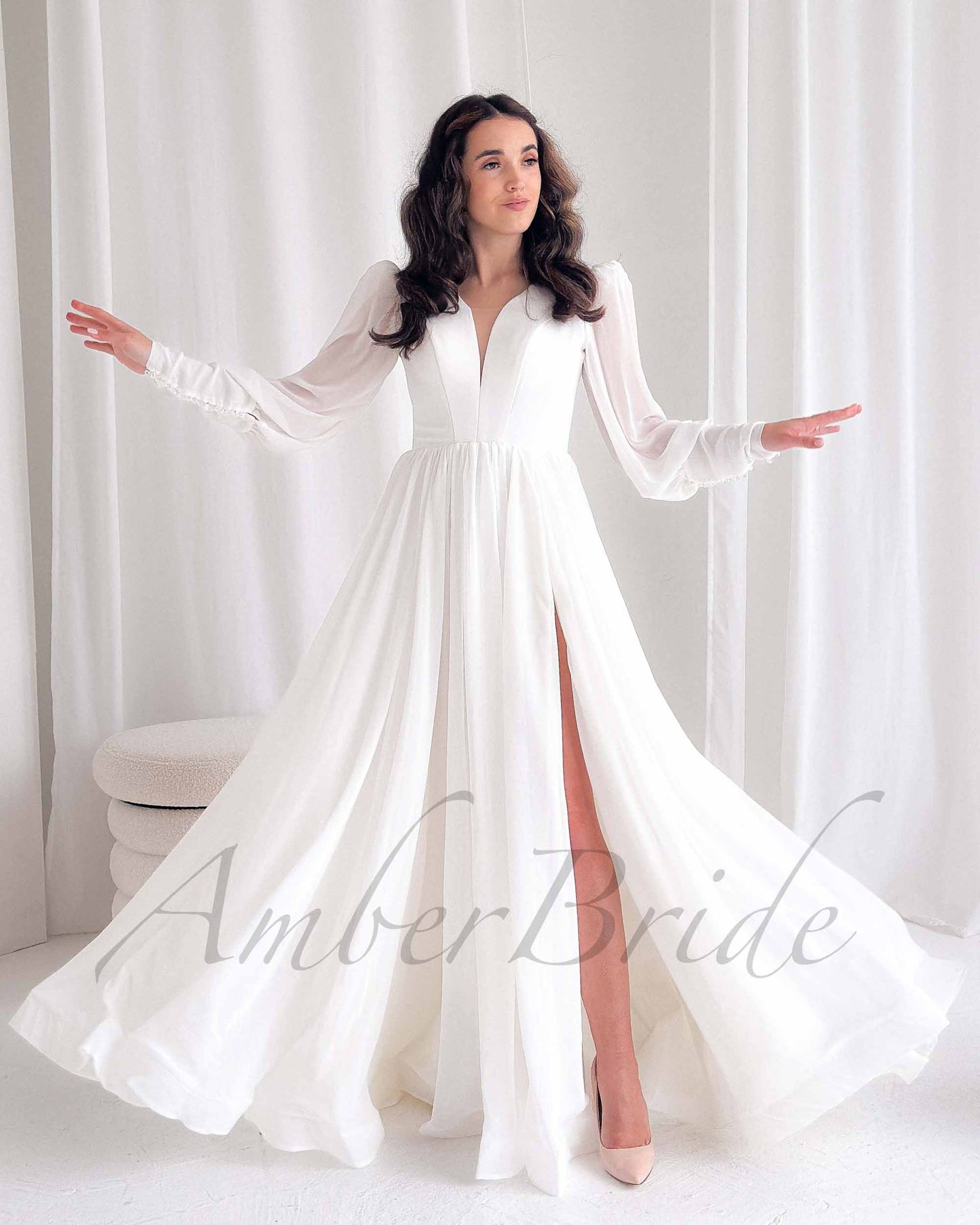 Minimalistic A Line Chiffon Wedding Dress with Long Puffy Sleeve and Deep V-Neck