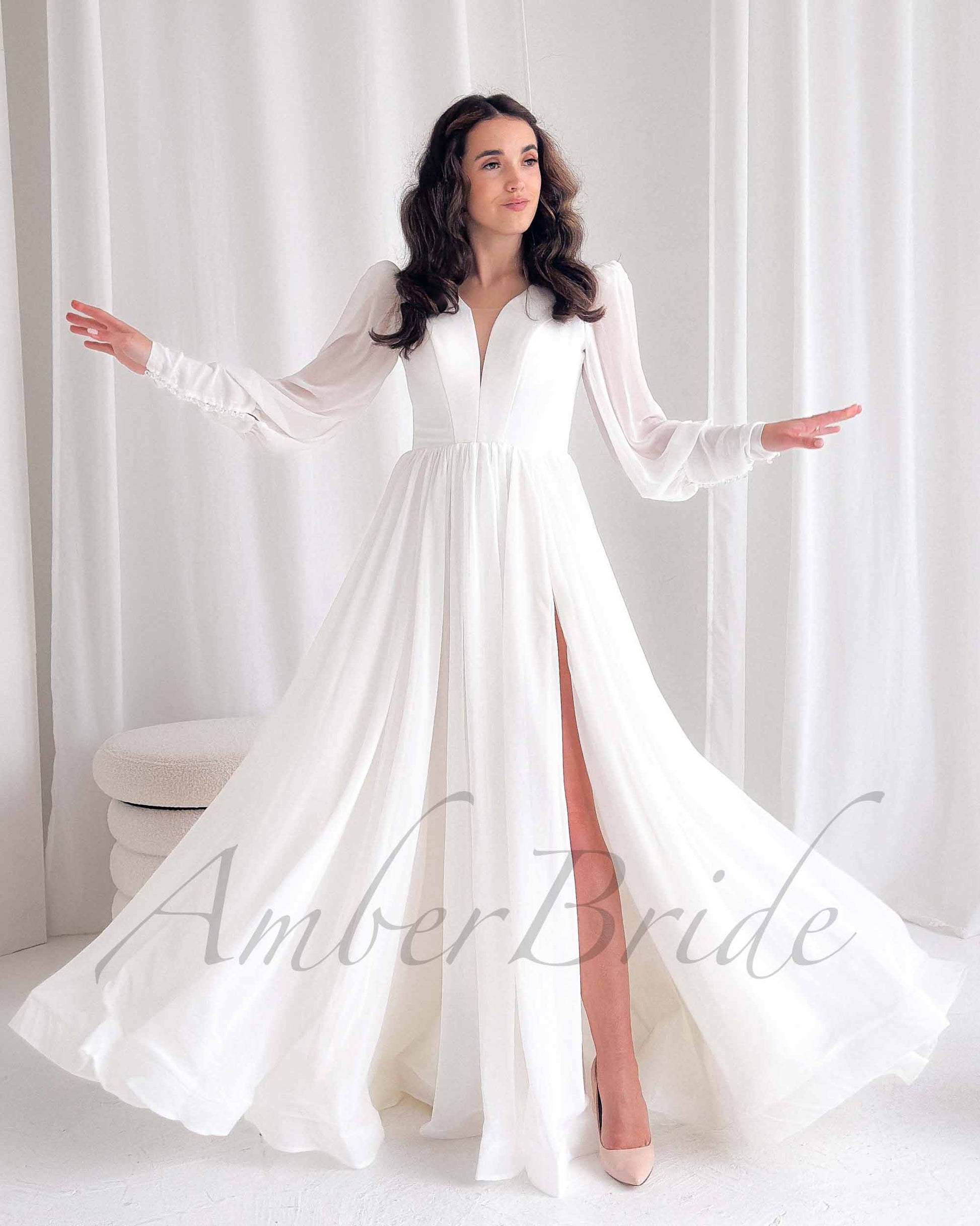 Minimalistic A Line Chiffon Wedding Dress with Long Puffy Sleeve and Deep V-Neck