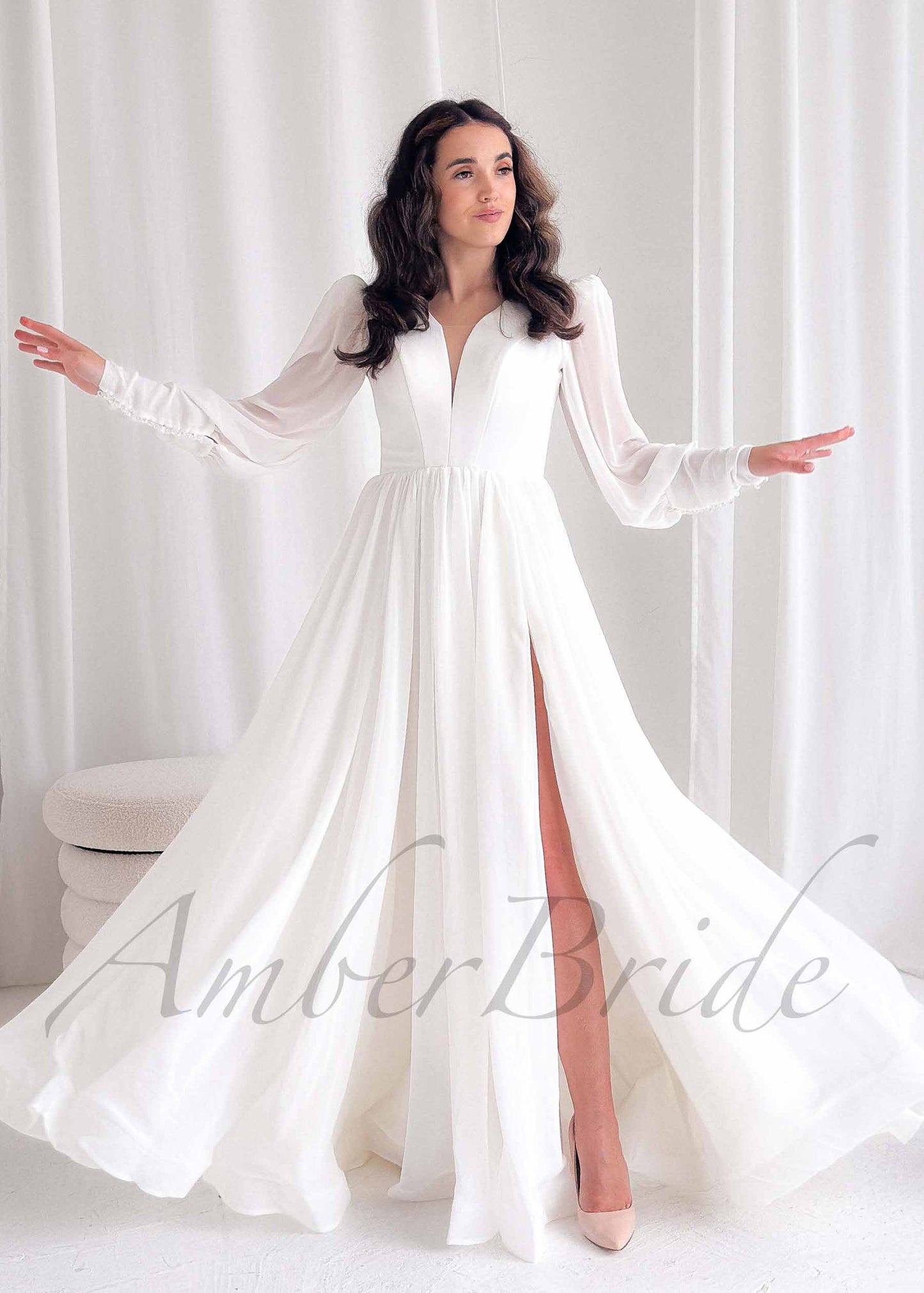 Minimalistic A Line Chiffon Wedding Dress with Long Puffy Sleeve and Deep V-Neck