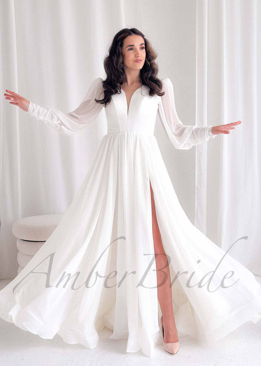 Minimalistic A Line Chiffon Wedding Dress with Long Puffy Sleeve and Deep V-Neck