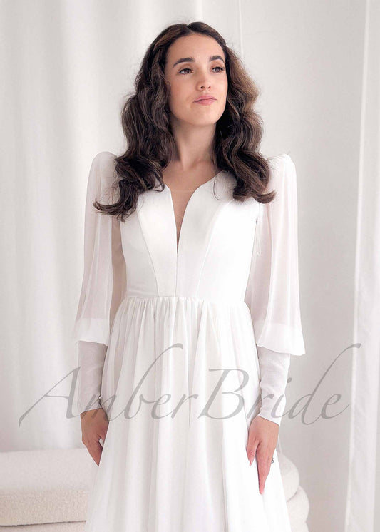 Minimalistic A Line Chiffon Wedding Dress with Long Puffy Sleeve and Deep V-Neck