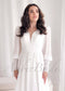 Minimalistic A Line Chiffon Wedding Dress with Long Puffy Sleeve and Deep V-Neck