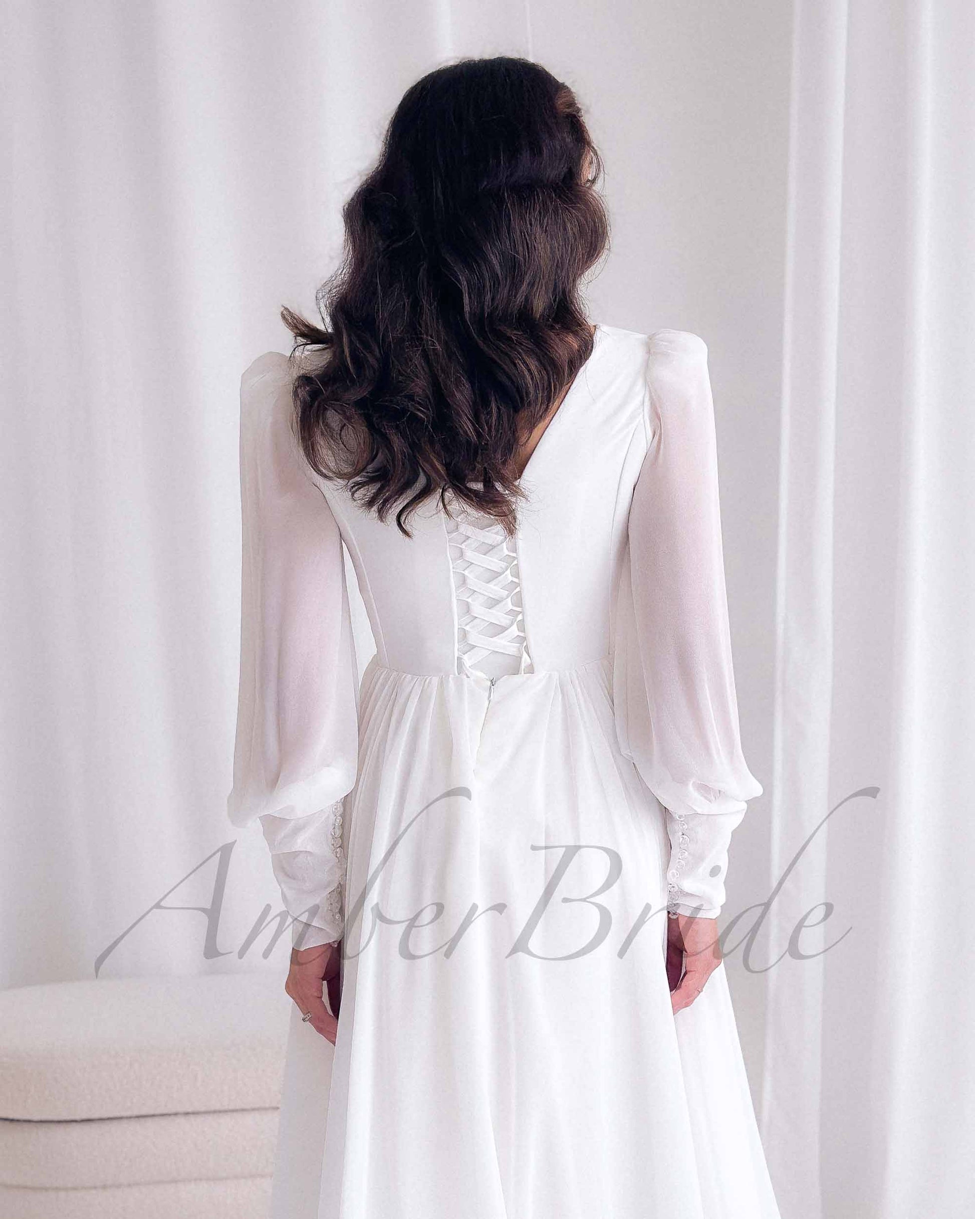 Minimalistic A Line Chiffon Wedding Dress with Long Puffy Sleeve and Deep V-Neck