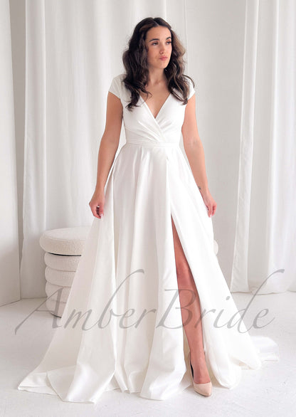 Simple A Line Satin Wedding Dress with Short Sleeve and Slit