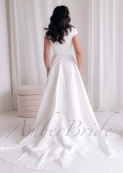 Simple A Line Satin Wedding Dress with Short Sleeve and Slit