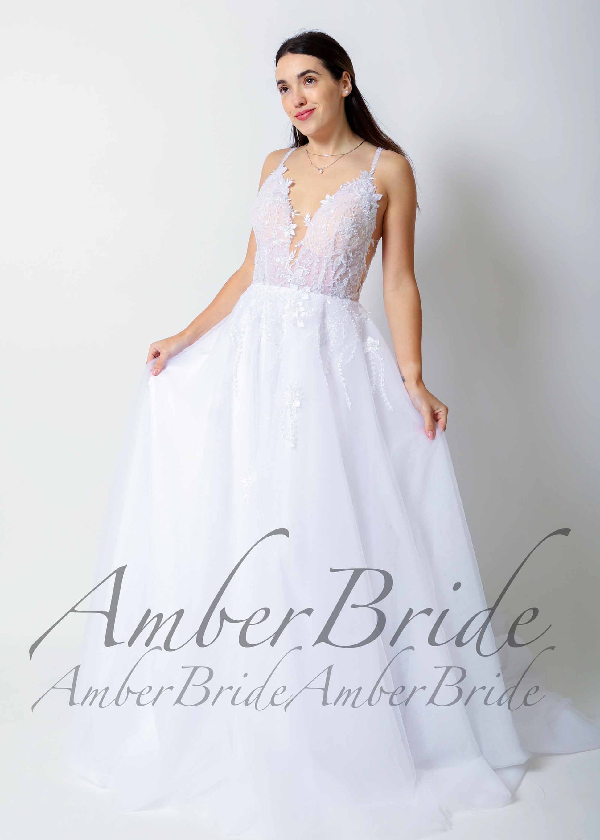 Rustic A Line Wedding Dress with Deep-V Neck and Backless Design