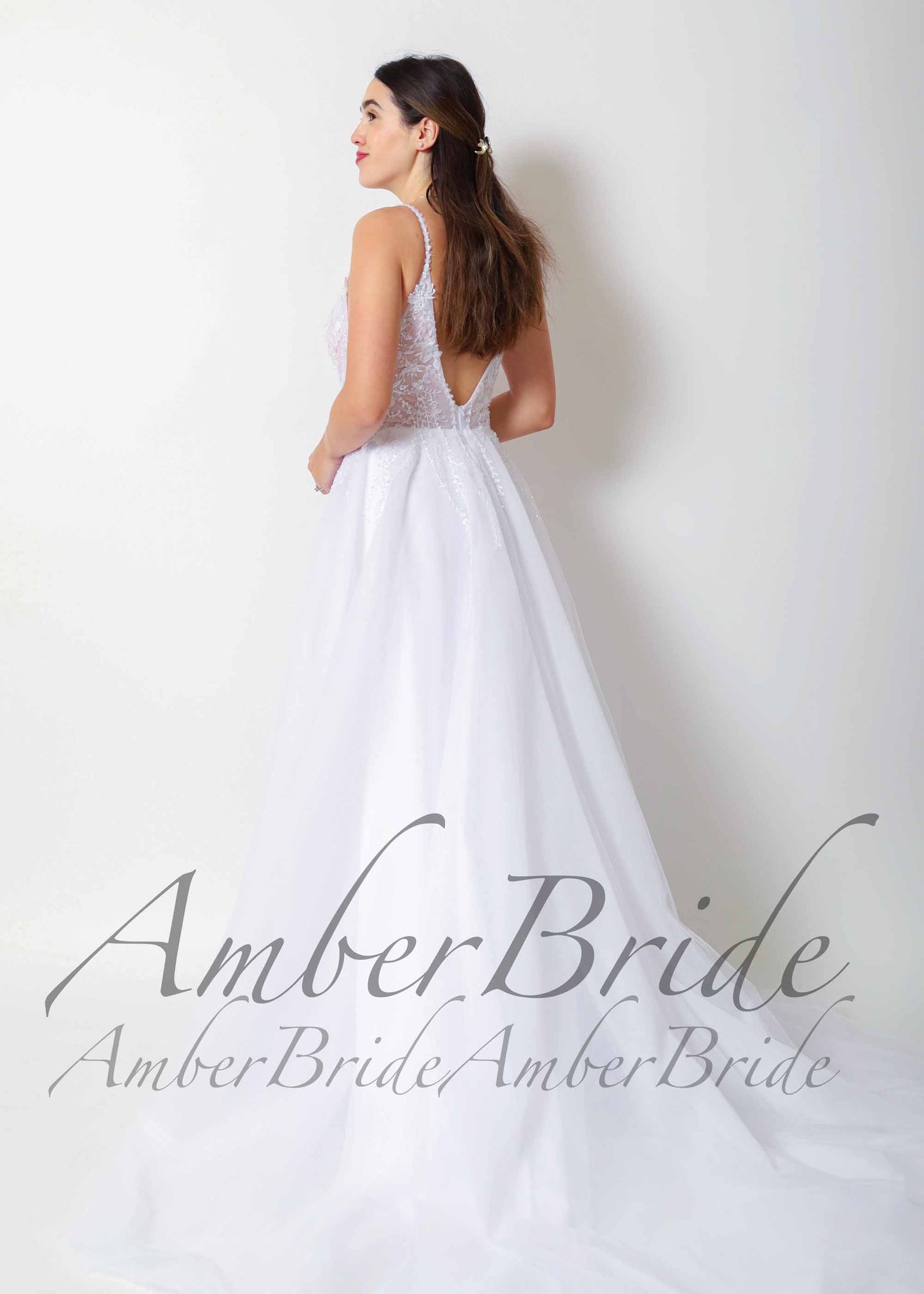 Rustic A Line Wedding Dress with Deep-V Neck and Backless Design